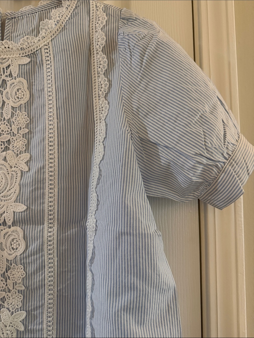 Blue Striped Lace-Trim Blouse - Picture 4 of 7